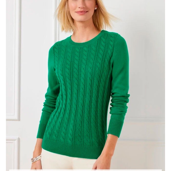Talbots Soft Cable Crewneck Sweaters. Verdant Green/ Grey Sky Heather Metallic - Picture 12 of 13